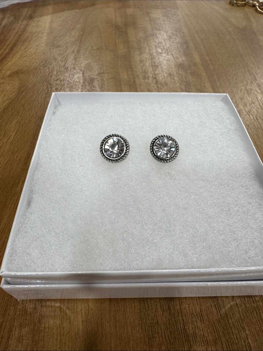 Silver Tone Round Clear Crystal Stud Earrings Rope Bezel Classic Sparkle